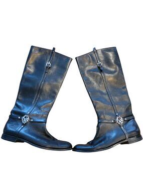 Coach Mulan Black Leather Extended Calf Low Heel Harness Boots MSRP $298
